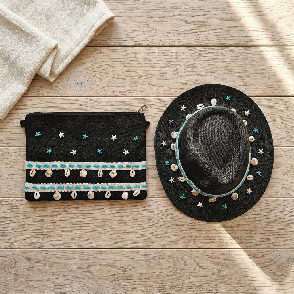 Cowboy Sun Hat + Boho Linen Clutch Bag + 1 FREE metal strap (COMBO)