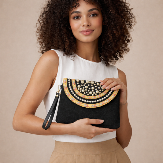 Boho Linen Clutch Bag (Black Pearls) + 1 FREE metal strap (1 meter)