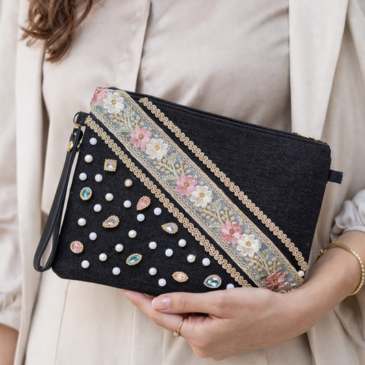 Boho Linen Clutch Bag (Chic Garden) + 1 FREE metal strap (1 meter)