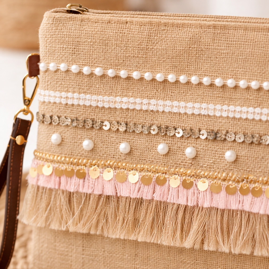Boho Linen Clutch Bag (Pink Hints) + 1 FREE gold metal strap (1 meter)