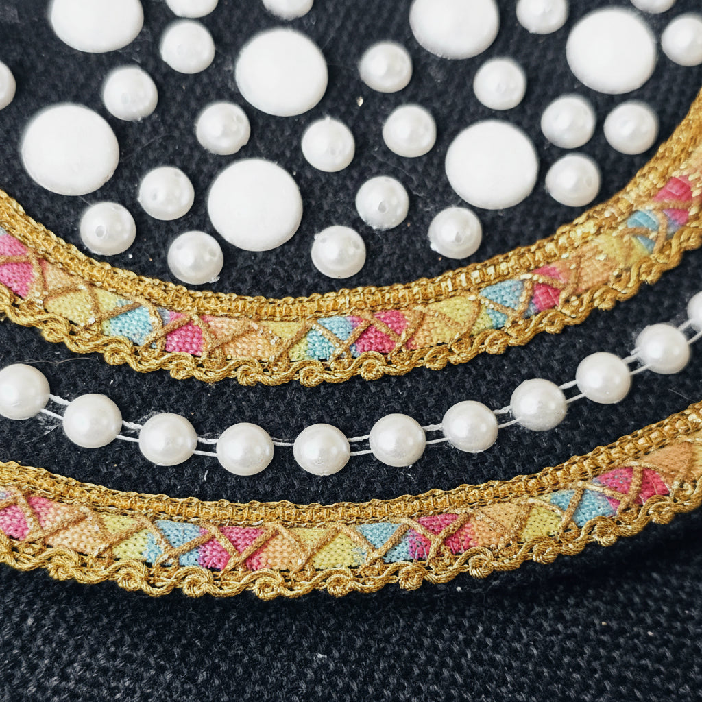 Boho Linen Clutch Bag (Black Pearls) + 1 FREE metal strap (1 meter)