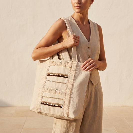 6 Pockets Multi-purpose Tote Bag (Brown Hints) + 1 FREE Small Clutch (same color)