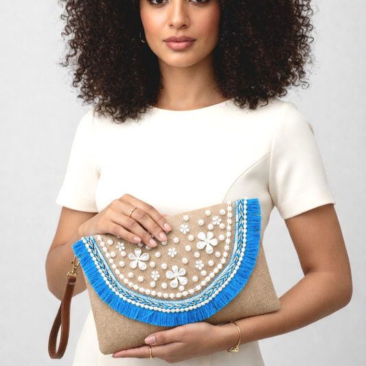 Maison Dalal Boho Linen Clutch Bag (Blue Mirage 2)