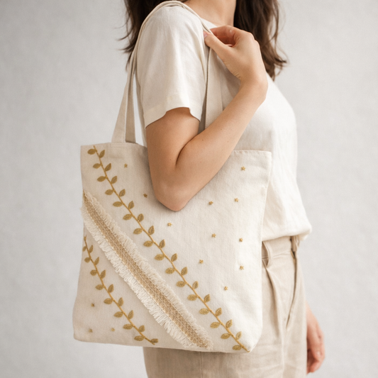 Large Tote Bag with Zipper (Golden Stars)