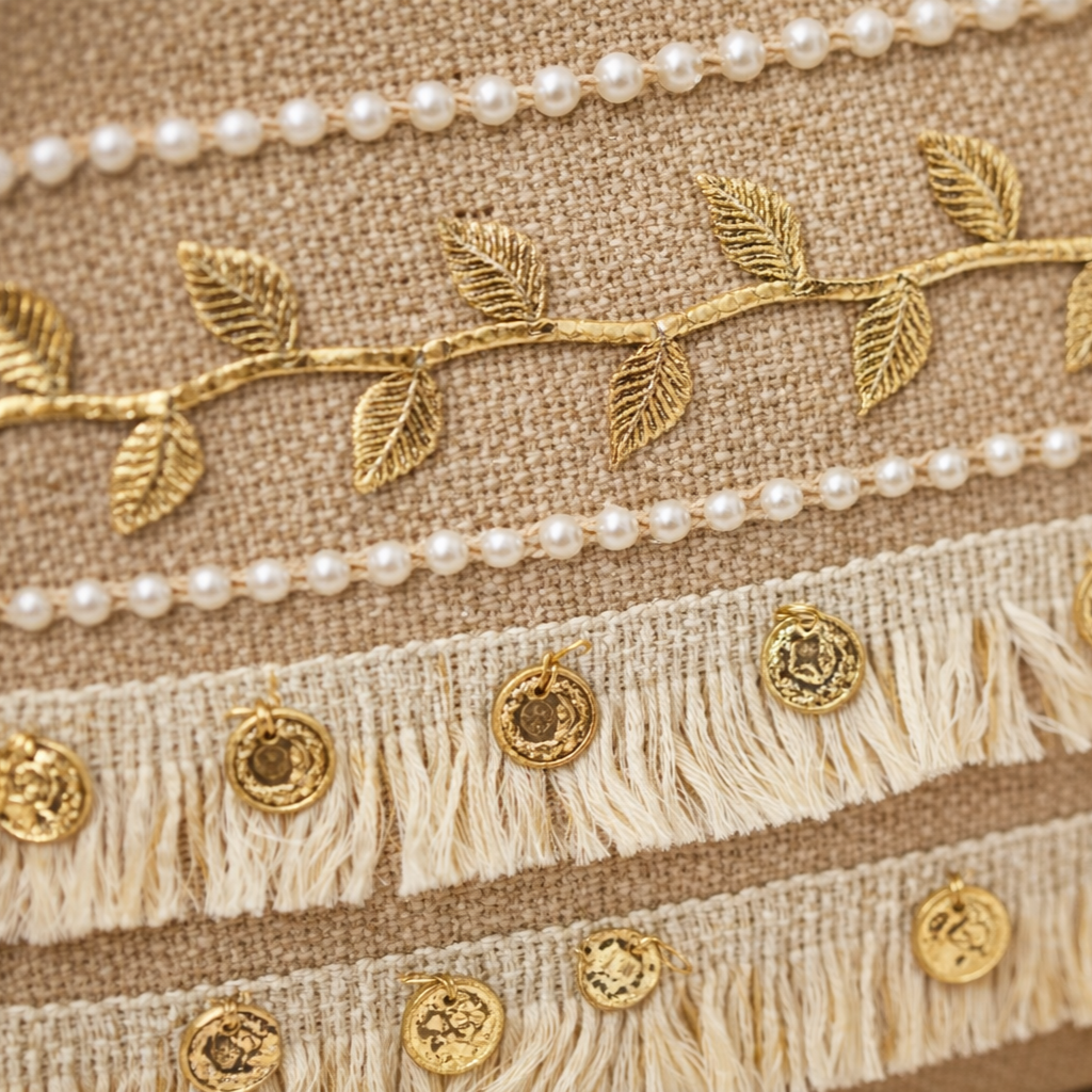 Boho Linen Clutch Bag (Gold Vine Fringe) + 1 FREE gold metal strap (1 meter)