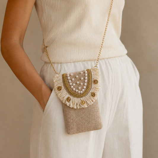 Boho Linen Phone Bag + 1 FREE 1-meter gold metal strap