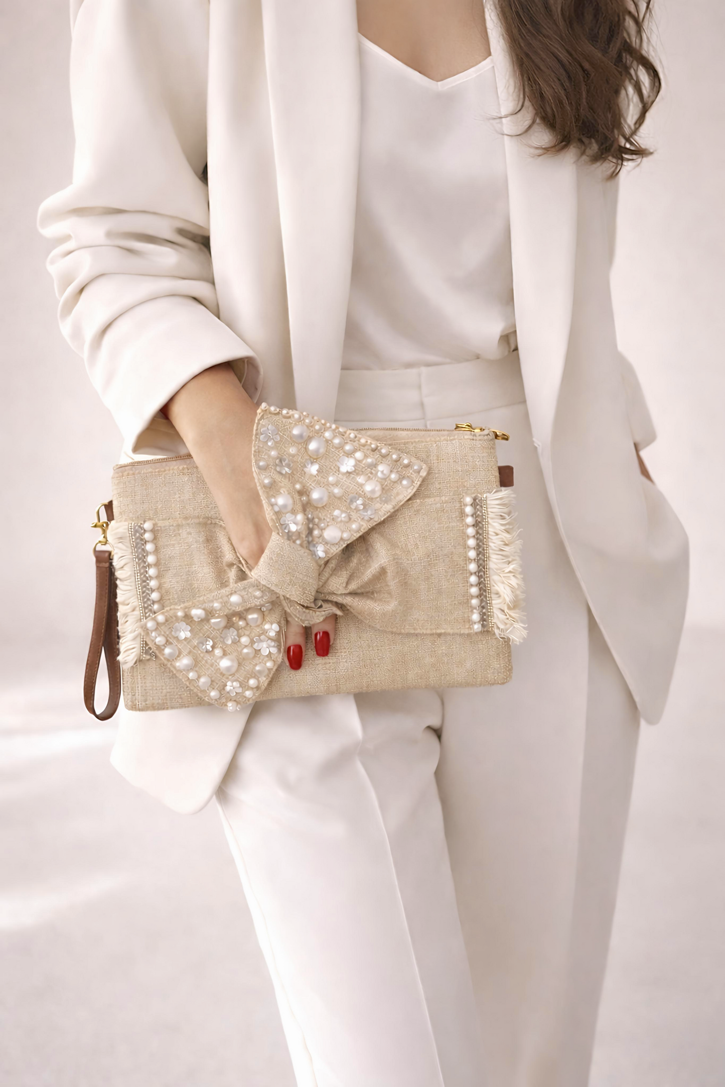Boho Linen Clutch Bag (Bow 2) + 1 FREE gold metal strap (1 meter)