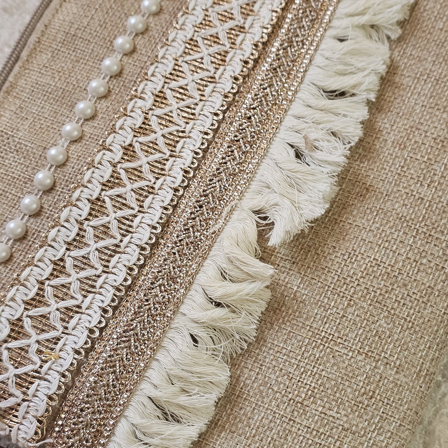 Boho Linen Clutch Bag (White Stripes) + 1 FREE gold metal strap (1 meter)