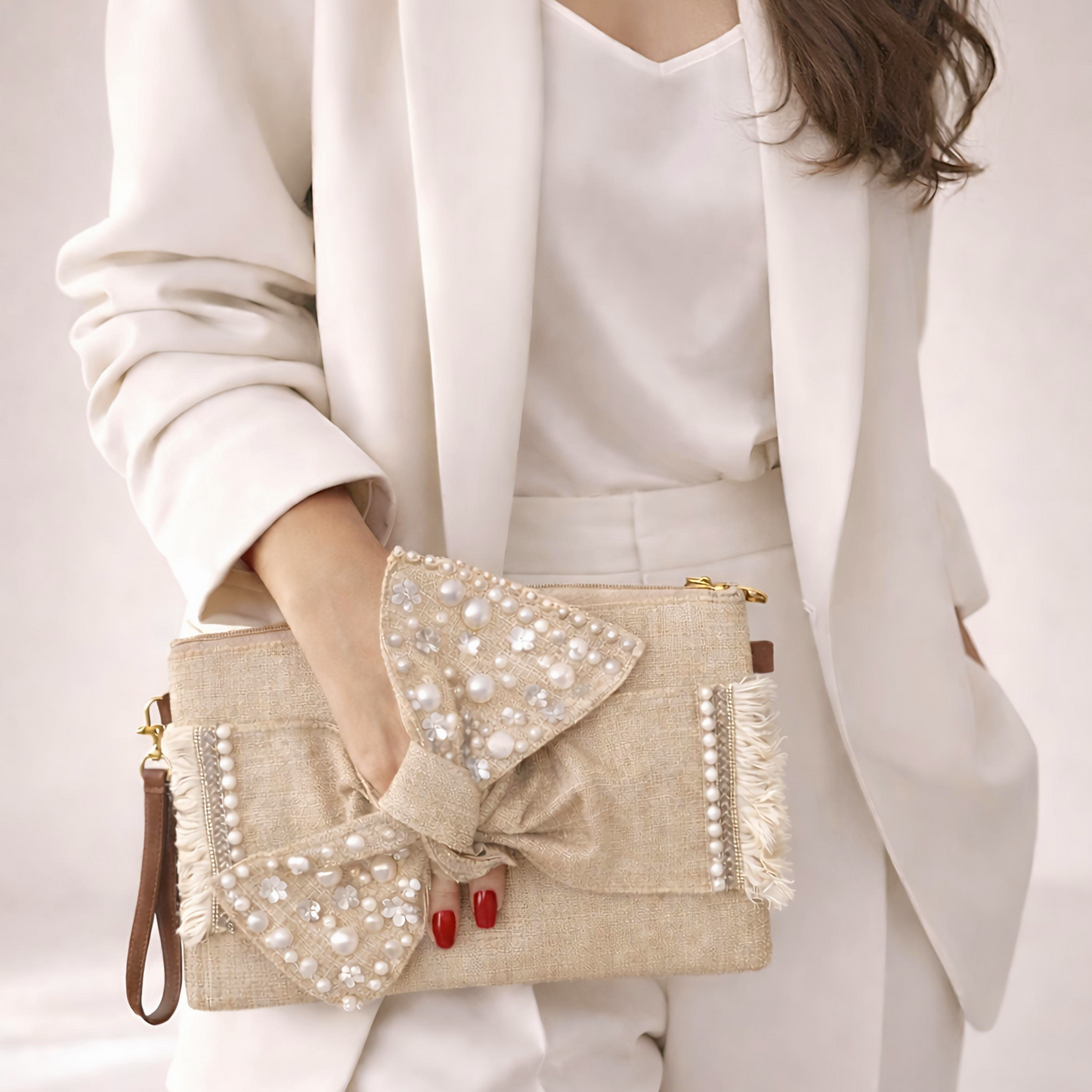 Boho Linen Clutch Bag (Bow 2) + 1 FREE gold metal strap (1 meter)