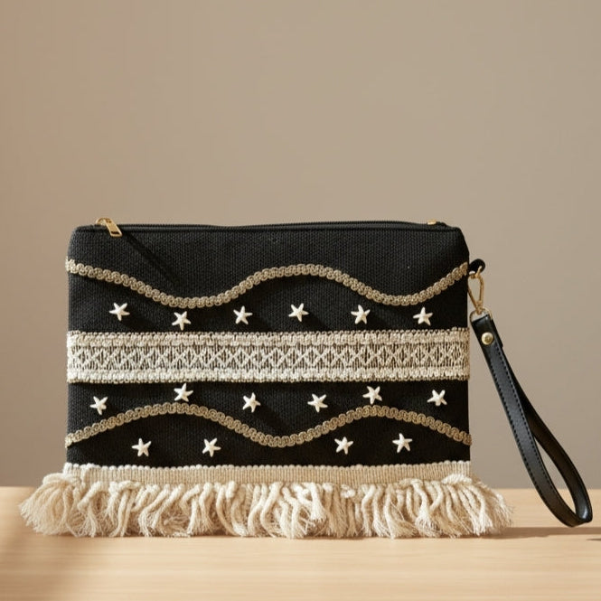 Boho Linen Clutch Bag (Night Fringe)