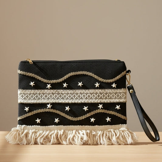Boho Linen Clutch Bag (Night Fringe)