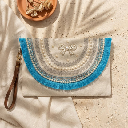 Boho Linen Clutch Bag (Royal Bow) + 1 FREE gold metal strap (1 meter)