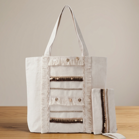 6 Pockets Multi-purpose Tote Bag (Brown Hints) + 1 FREE Small Clutch (same color)