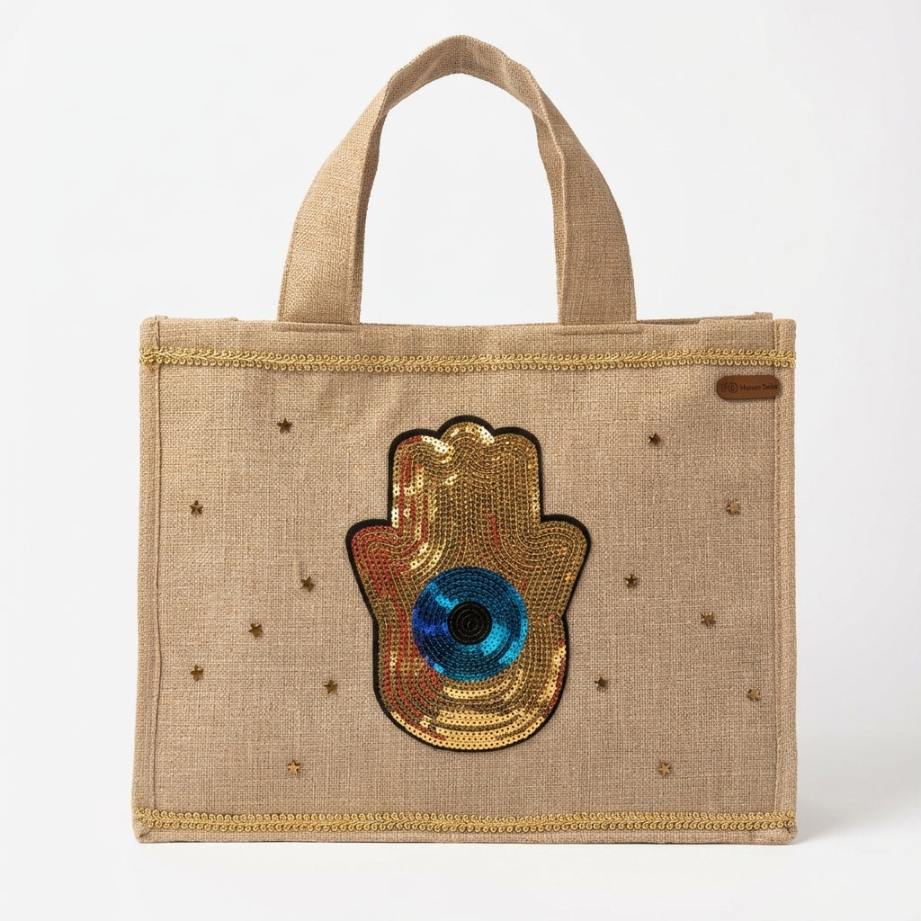 Large Jute Tote Bag (Hamsa Glow)