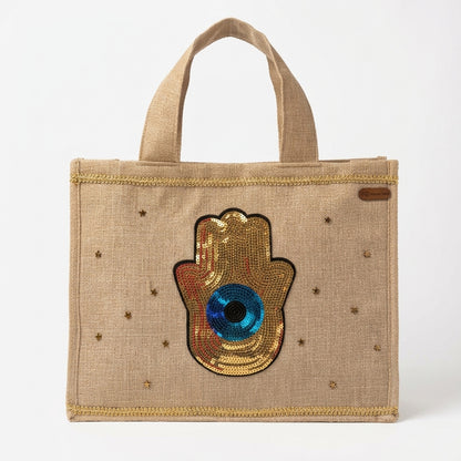 Large Jute Tote Bag (Hamsa Glow)