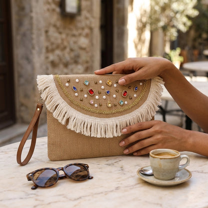 Boho Linen Clutch Bag (Rainbow Fringe) + 1 FREE gold metal strap (1 meter)