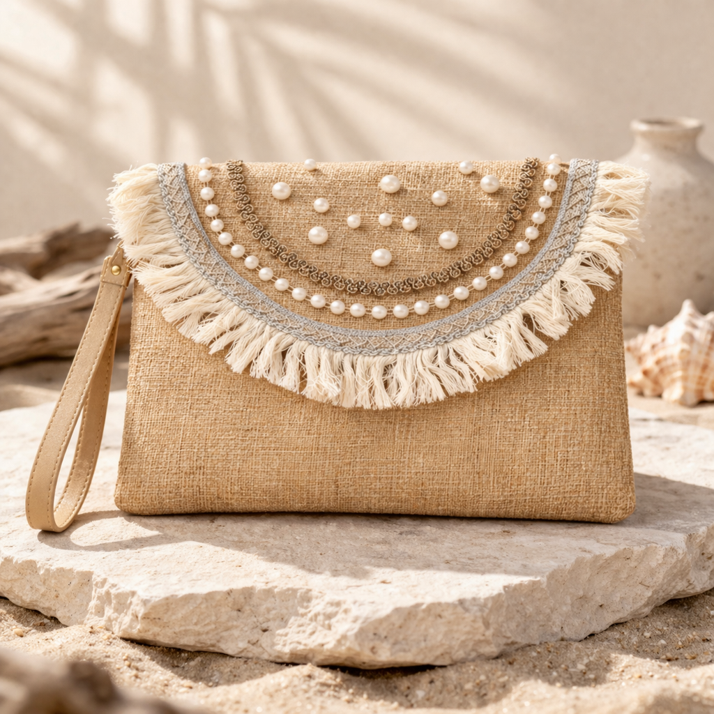 Boho Linen Clutch Bag (Pearly Fringe) + 1 FREE gold metal strap (1 meter)