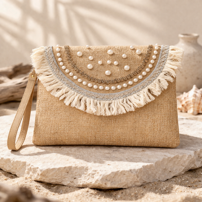 Boho Linen Clutch Bag (Pearly Fringe) + 1 FREE gold metal strap (1 meter)