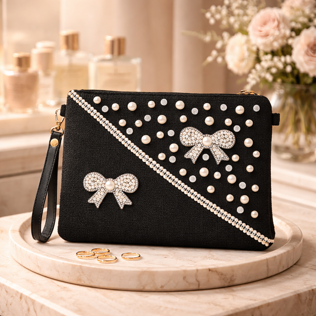 Boho Linen Clutch Bag (Sophisticated Black) + 1 FREE black metal strap (1 meter)