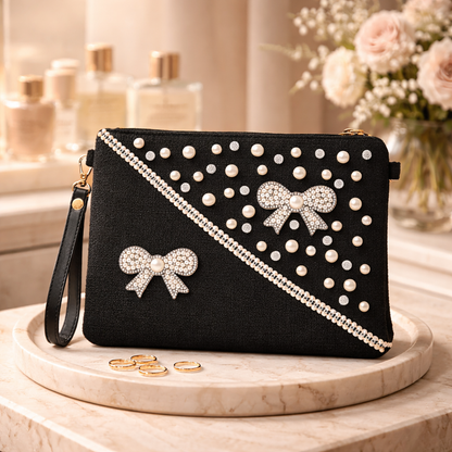 Boho Linen Clutch Bag (Sophisticated Black) + 1 FREE black metal strap (1 meter)