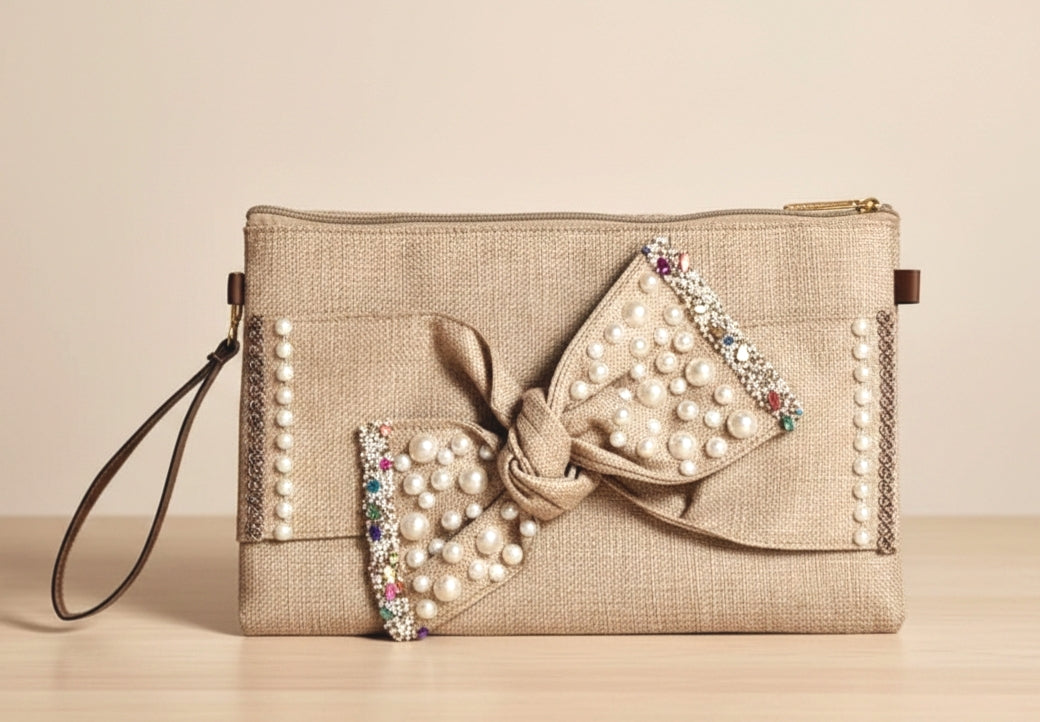 Boho Linen Clutch Bag (Bow 3) + 1 FREE gold metal strap (1 meter)