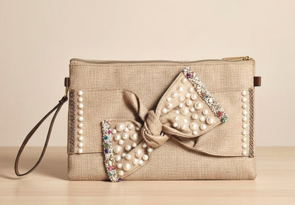 Boho Linen Clutch Bag (Bow 3) + 1 FREE gold metal strap (1 meter)