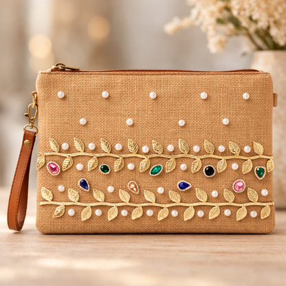 Boho Linen Clutch Bag (Golden Vine) + 1 FREE gold metal strap (1 meter)