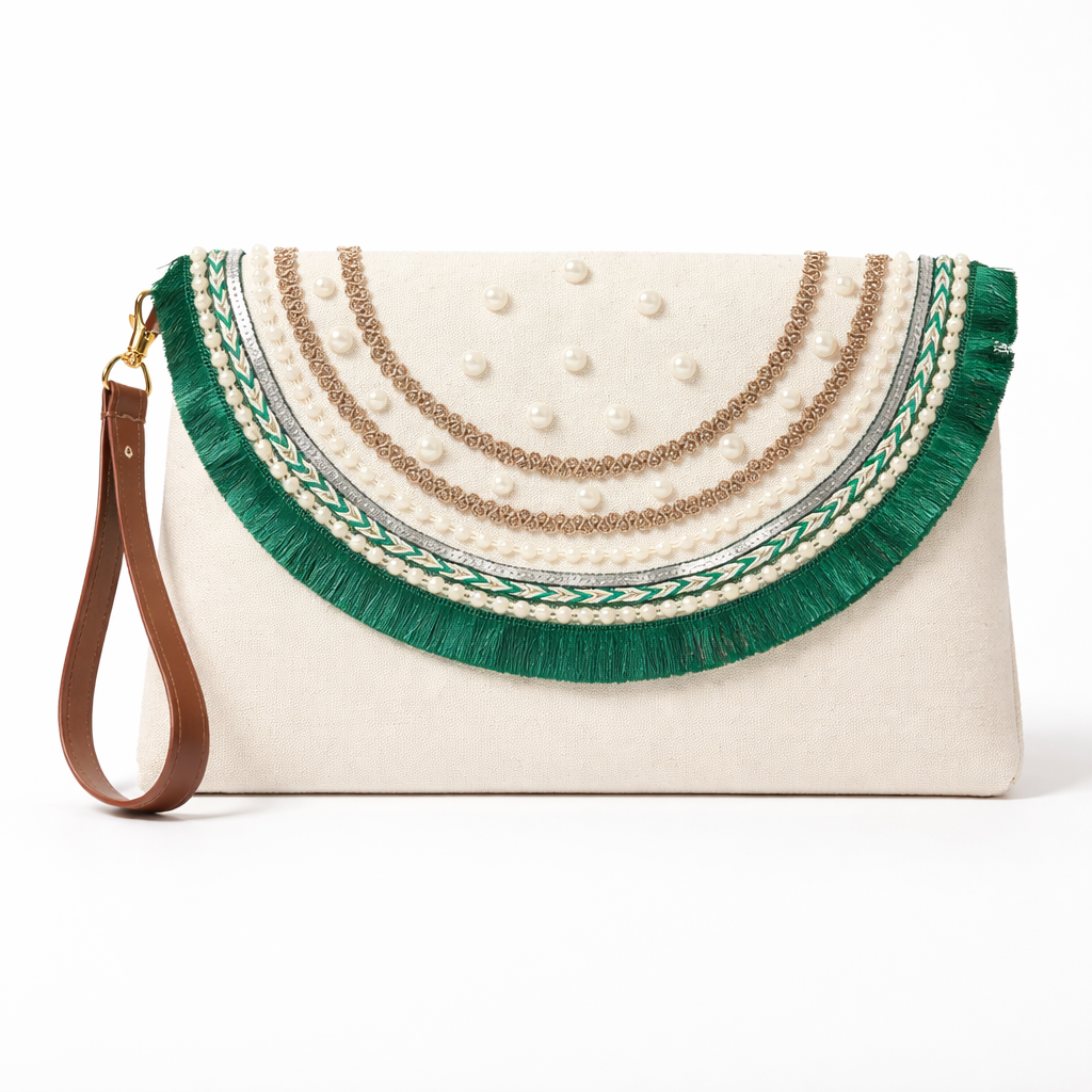 Boho Linen Clutch Bag (Royal Green) + 1 FREE gold metal strap (1 meter)