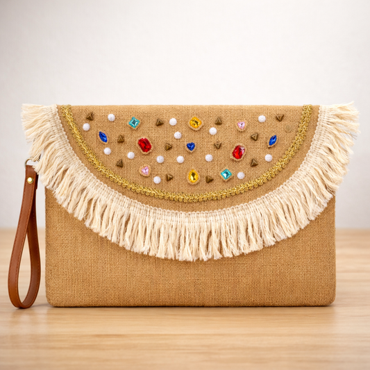 Boho Linen Clutch Bag (Rainbow Fringe) + 1 FREE gold metal strap (1 meter)