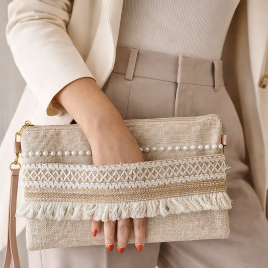Boho Linen Clutch Bag (White Stripes) + 1 FREE gold metal strap (1 meter)