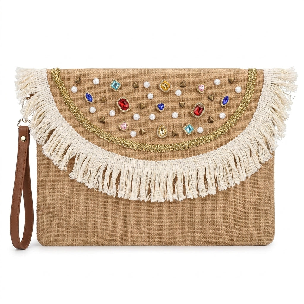 Boho Linen Clutch Bag (Rainbow Fringe) + 1 FREE gold metal strap (1 meter)