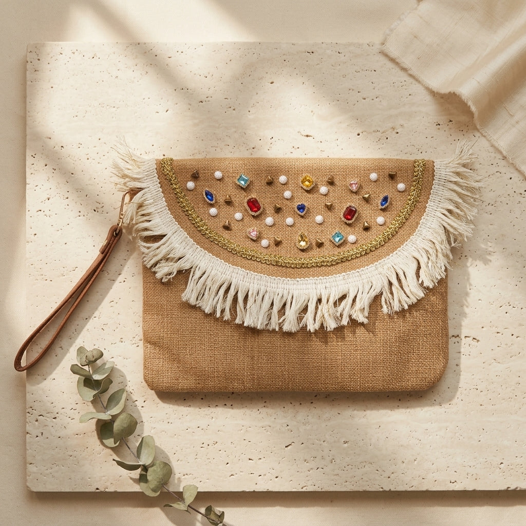 Boho Linen Clutch Bag (Rainbow Fringe) + 1 FREE gold metal strap (1 meter)