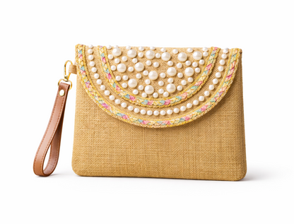 Boho Linen Clutch Bag (Beige Pearls) + 1 FREE gold metal strap (1 meter)