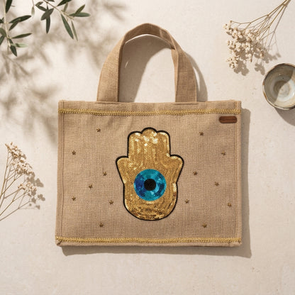 Large Jute Tote Bag (Hamsa Glow)