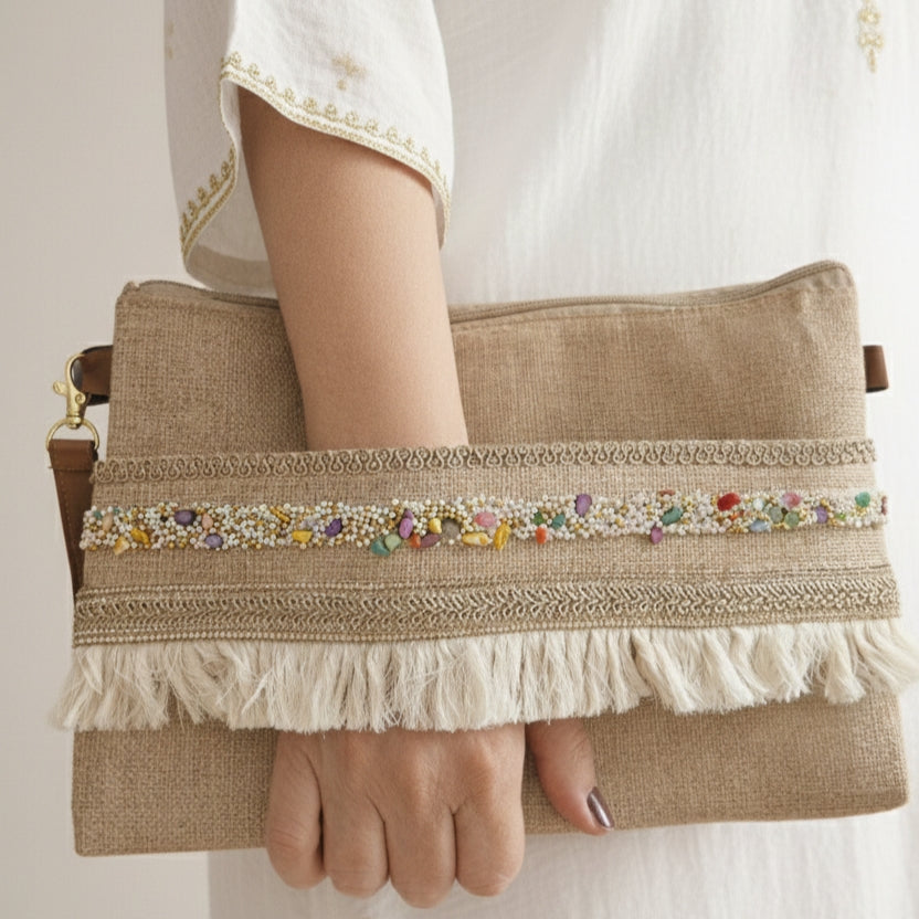 Boho Linen Clutch Bag (Sahara Mosaic) + 1 FREE gold metal strap (1 meter)