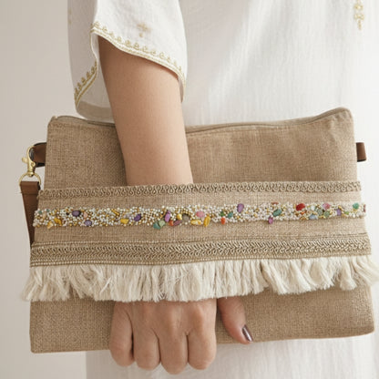Boho Linen Clutch Bag (Sahara Mosaic) + 1 FREE gold metal strap (1 meter)
