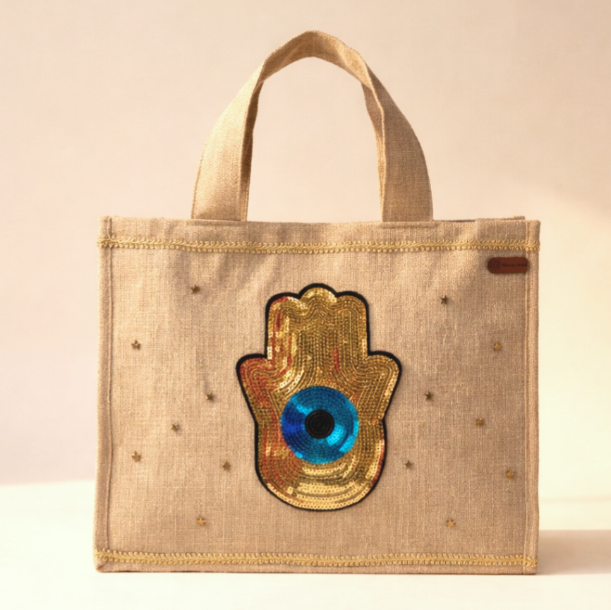 Large Jute Tote Bag (Hamsa Glow)