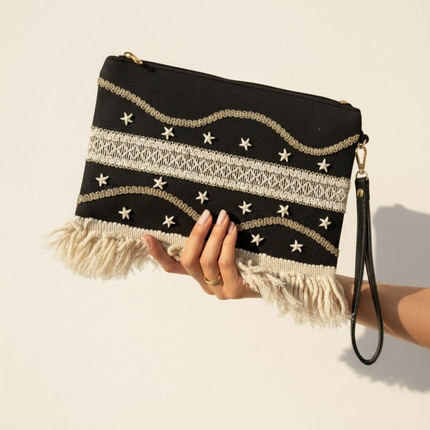 Boho Linen Clutch Bag (Night Fringe)