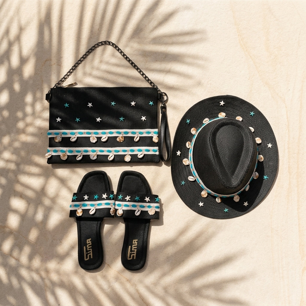 Sun Hat + Clutch Bag + Slippers + 1 FREE metal strap (COMBO)