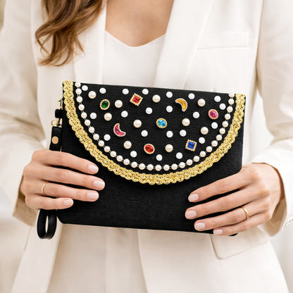 Boho Linen Clutch Bag (Black Diamonds) + 1 FREE metal strap (1 meter)