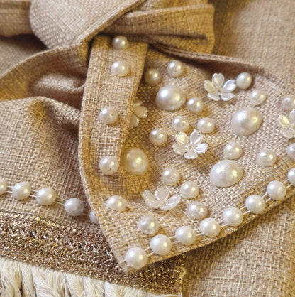 Boho Linen Clutch Bag (Bow 2) + 1 FREE gold metal strap (1 meter)