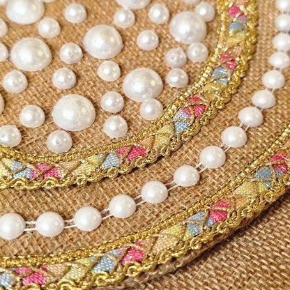 Boho Linen Clutch Bag (Beige Pearls) + 1 FREE gold metal strap (1 meter)