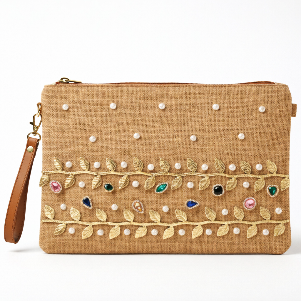 Boho Linen Clutch Bag (Golden Vine) + 1 FREE gold metal strap (1 meter)
