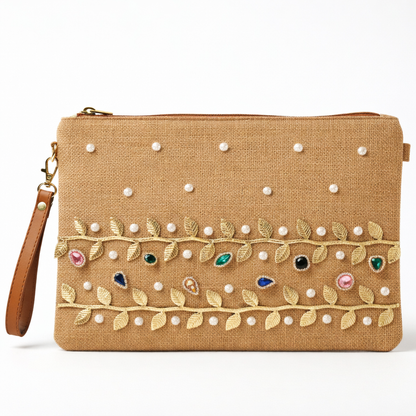 Boho Linen Clutch Bag (Golden Vine) + 1 FREE gold metal strap (1 meter)