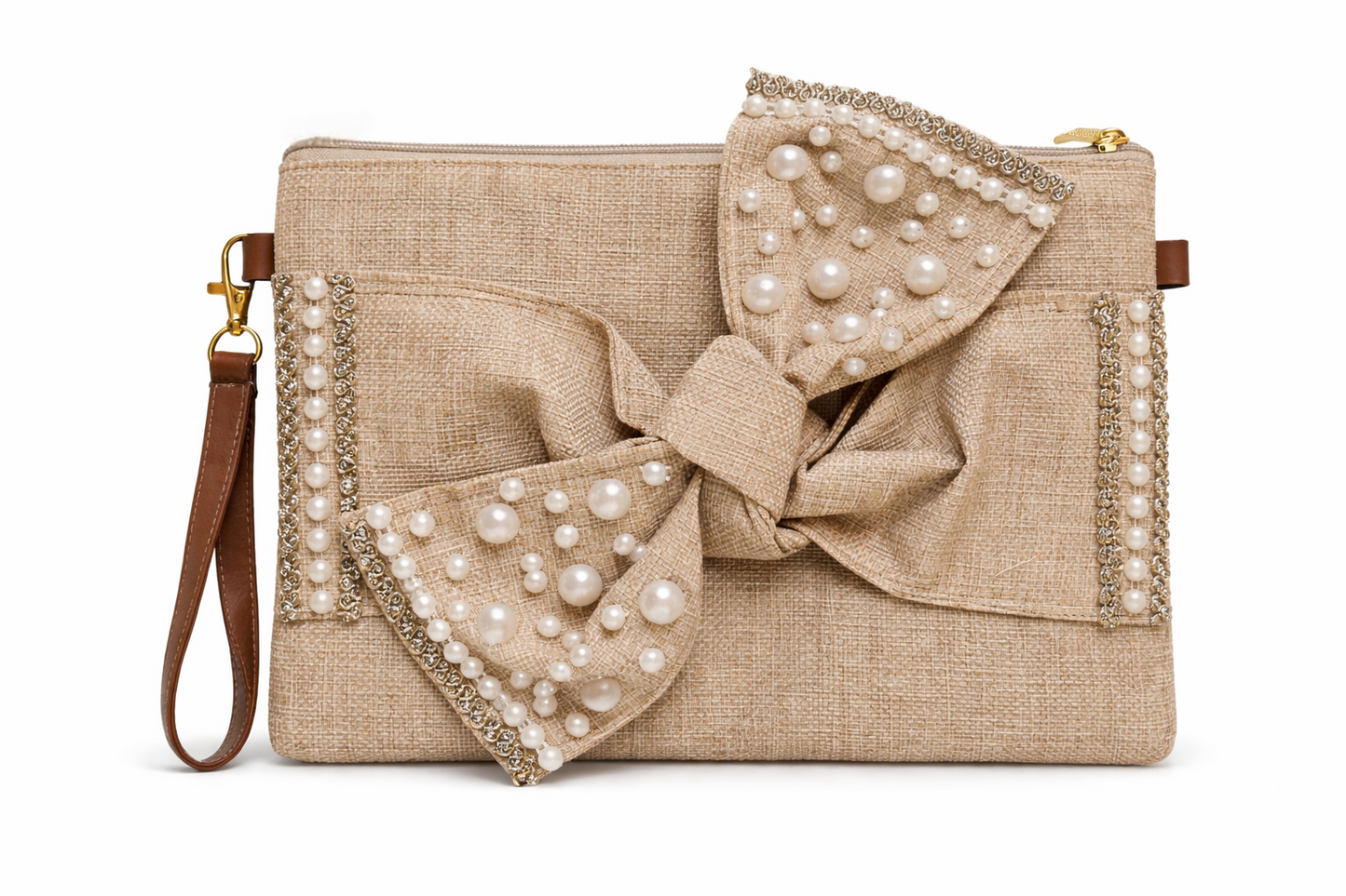 Boho Linen Clutch Bag (Bow) + 1 FREE gold metal strap (1 meter)