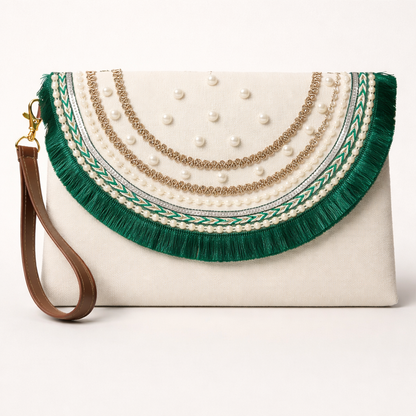 Boho Linen Clutch Bag (Royal Green) + 1 FREE gold metal strap (1 meter)