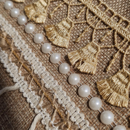 Boho Linen Clutch Bag (Sahara Tassel) + 1 FREE gold metal strap (1 meter)