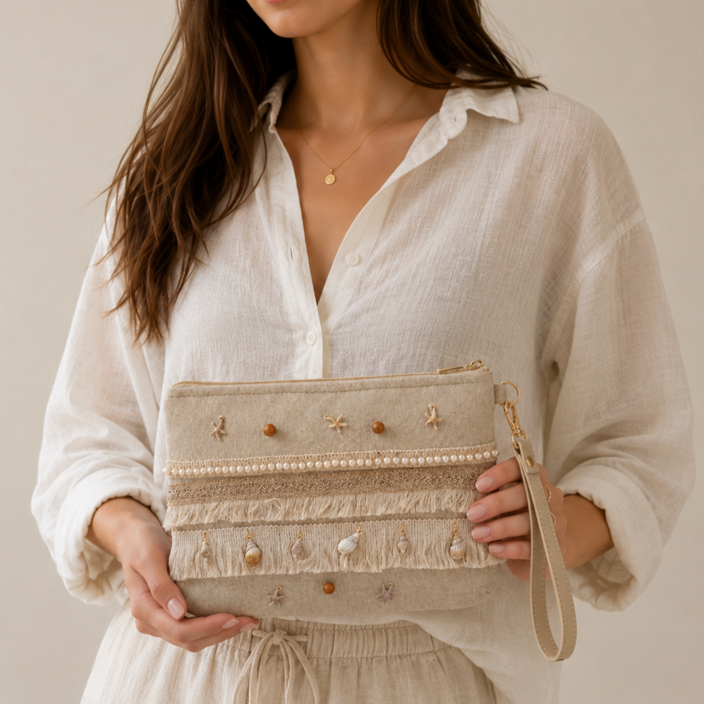 Boho Linen Clutch Bag (Sea Breeze)