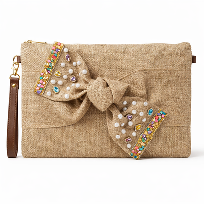 Boho Linen Clutch Bag (Bow 4) + 1 FREE gold metal strap (1 meter)