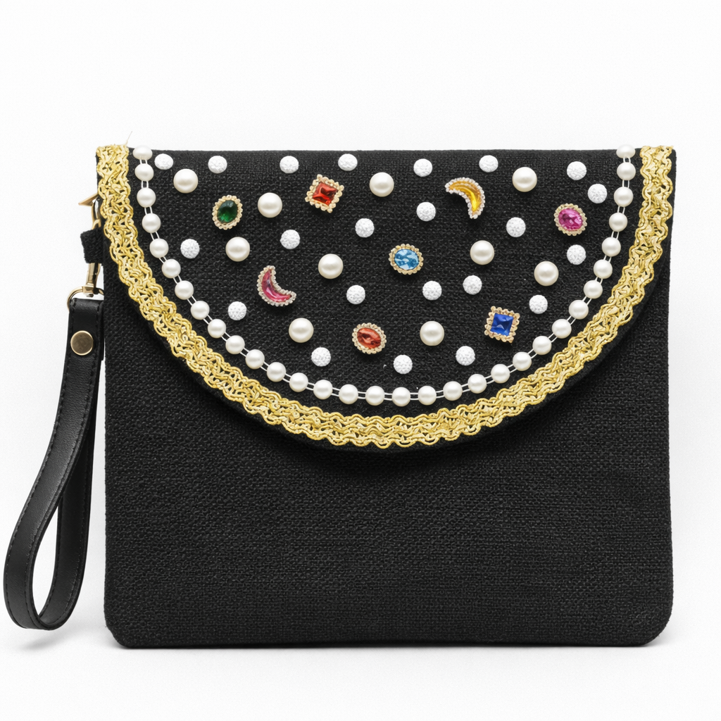 Boho Linen Clutch Bag (Black Diamonds) + 1 FREE metal strap (1 meter)